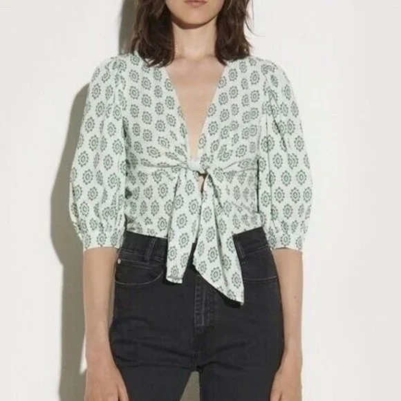 Sandro Namal Printed Crop Top 1 Small Waist Tie 3/4 Balloon Sleeve White Green - Picture 1 of 7